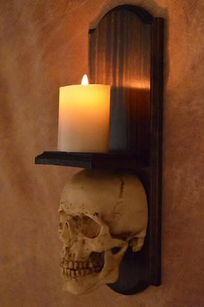 "Classic Skull Wall Sconce Style II W/ Ivory Flameless Candle" Haunted House Lighting 4 "Classic Skull Wall Sconce Style II W/ Ivory Flameless Candle" Haunted House Lighting - Image 2
