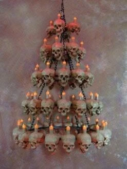 "Five-Tiered Life-Size Skull Chandelier With 60 Skulls" Haunted House Lighting -The Horror Dome Store five tiered life size skull chandelier with 60 skulls haunted house lighting 23696488385