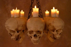 "Skull Chandelier With 8 Skulls And Flameless Candles" Haunted House Lighting -The Horror Dome Store skull chandelier with 8 skulls and flameless candles haunted house lighting 23696522817